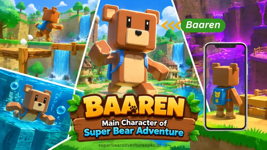 Super Bear Adventure Characters: Full List, Bios and Locations 1 Baaren, the main character of Super Bear Adventure exploring the game world with a blue backpack